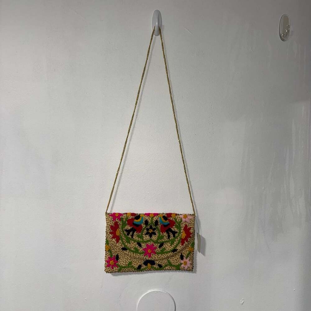 Beaded Floral Embroidered Chain Strap Clutch